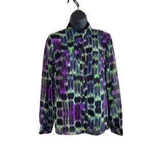LAmour Blouse Women Size S Long Sleeve Green Purple Black Open Back Sheer Top